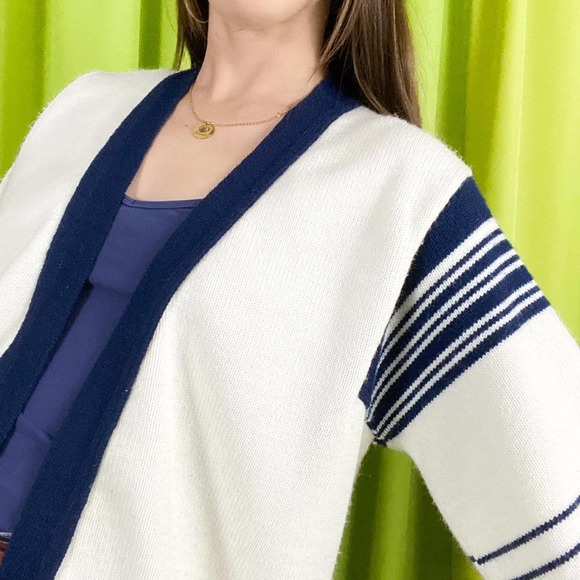 70s Vintage White and Navy Striped Wide Sleeve Open Knit Cardigan - Picture 2 of 5
